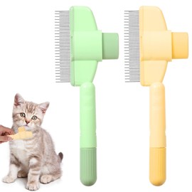YBEATY 2 Pcs Pet Hair Comb Self Cleaning Cat Flea Brush with Release Button Comfort Safety Stainless Steel Brush Short Long Hair Removal Dogs Grooming Comb for Shedding Tangles (Yellow + Green）