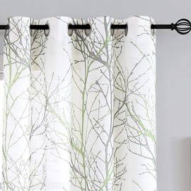 FMFUNCTEX Linen Semi Sheer Curtains for Bedroom, Sage Green White Curtains 45 Inches Long for Living Room, Grey Tree Branch Print Curtain Light Filtering Kitchen Window Drapes, Grommet Top 2 Panels