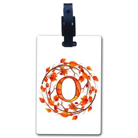 BRGiftShop Luggage Tag Bright Orange Autumn Fall Leaf Wreath Monogram Alphabet O
