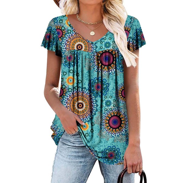 Womens Ruffle Short Sleeve Tunic Tops V Neck Loose Fit