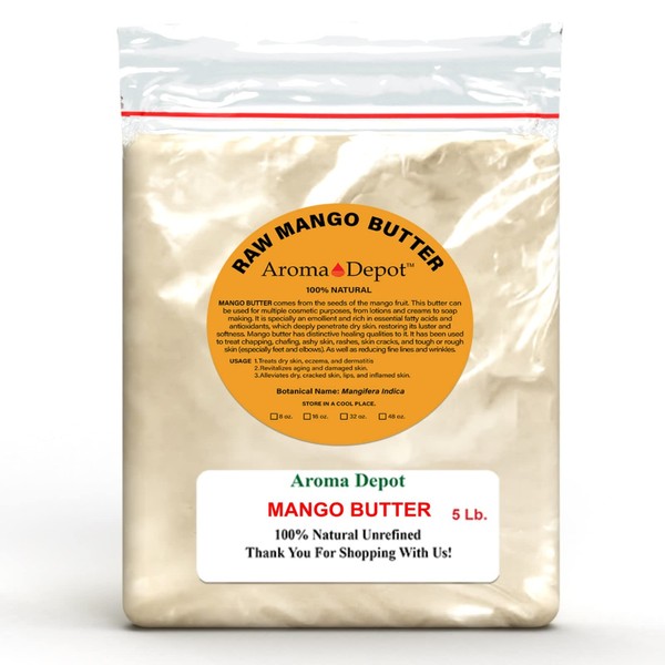5 lbs Raw Mango Butter Unrefined 100% Natural Premium Quality Pure Great for Skin, Body, Hair Care. DYI Body Butter, Lotions, Creams Reduces Fine Lines, Wrinkles, used for eczema psoriasis