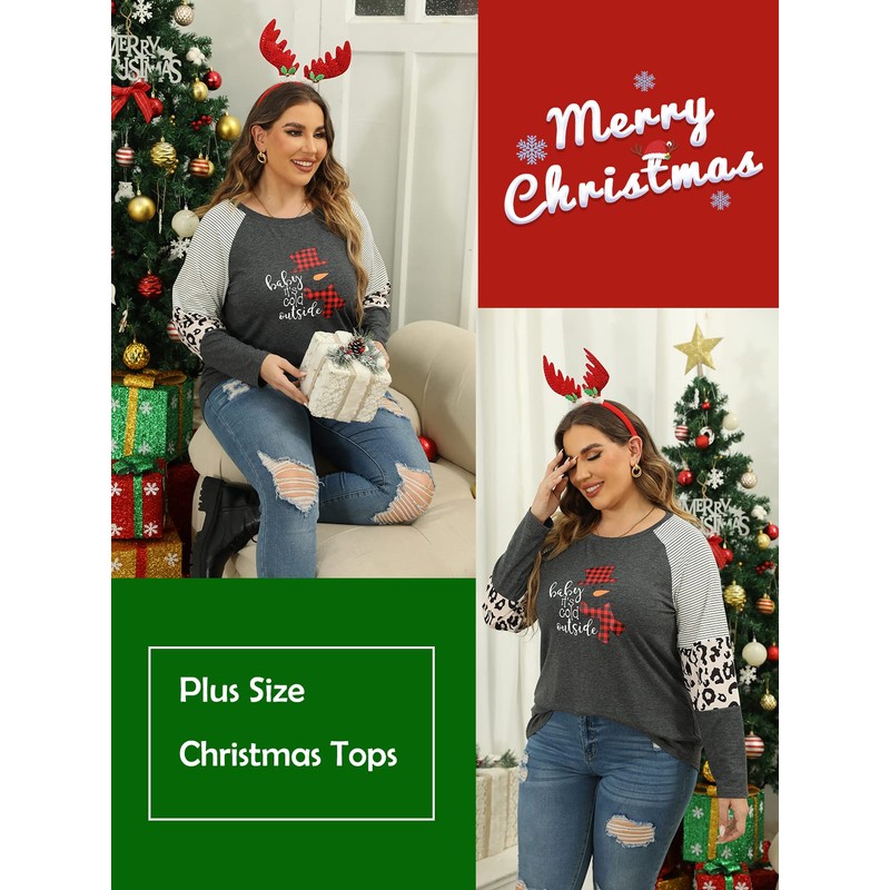 ROSRISS Womens Plus Size Christmas Tops 3XL Red Plaid Snowman