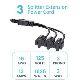 3 Way 3 Prong 1 to 3 Outlet Power Splitter 3 Plug 16AWG 1625W 13A SJTW Power Cord Splitter Gauge Heavy Duty Extension Cord Splitter for Indoor or Outdoor Use(1.7 ft Black)