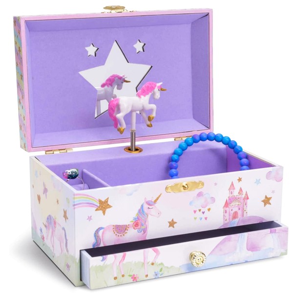 Jewelkeeper Jewellery Storage, Glitter Rainbow Unicorn Music Box & Jewellery Set for Little Girls - 3 Unicorn Gifts for Kids Girls - Pink