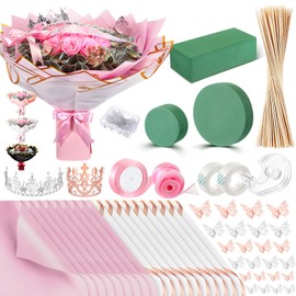 XunYee Money Bouquet Kit 20 Sheet Flower Wrapping Paper 100 Pcs Bamboo Skewers Floral Foam Blocks for Thanksgiving Anniversary Birthday Gift Graduation Valentine Mother's Day(White, Solid Pink)