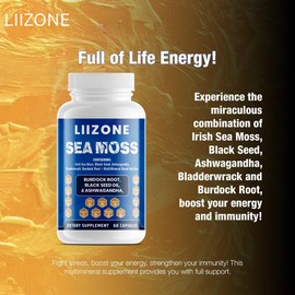 Ashwagandha, Sea Moss Complex, 60 Capsules with Turmeric, Black Seed Oil, Bladderwrack, Burdock Root, Vitamin C, Vitamin D3