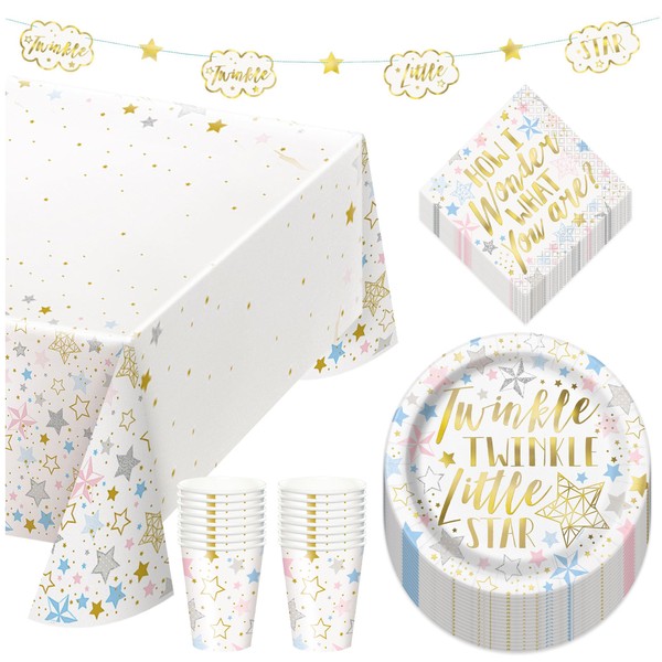 Twinkle Little Star Metallic Dessert Party Pack - Plates, Beverage Napkins, Cups, Table Cover, Star Garland, and Twinkle Garland (Serves 16)