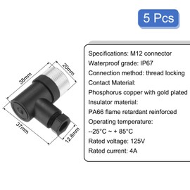 MECCANIXITY 5Pcs 5 Pin M12 Female Aviation Connector Wire Plug A Coding 12mm Circular Sensor Connector Waterproof IP67 Right Angle Type for Cable