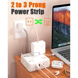 2 Prong Power Strip, WRXDMC 2 Prong to 3 Prong Outlet Adapter, 1400J Two Prong Surge Protector, 5ft Braided Extension Cord with Thin Flat Polarized Plug, 8 AC&4 USB, Wall Mountable for Old House