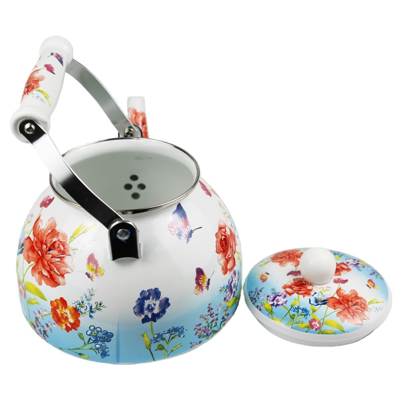 Butterfly Floral Enamel Tea Kettle, 2.5L Stovetop Teapot with Porcelain