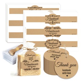 Kraft Soap Labels Round Brown Thank You Gift Tags Clear Soaps Treat Bags with String Set for Homemade Packaging Gifts Packaging Craft Bath Supplies (English)