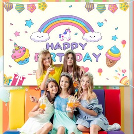 Leaysoo Unicorn Birthday Backdrop 7x5ft - Pastel Rainbow Party Background Decorations for Girls - Cute Happy Birthday Banner - Kids Photo Booth Supplies for Baby Shower & Unicorn Party
