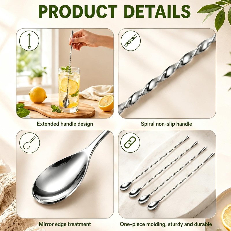 4 Pcs Cocktail Stirrers, Bar Spoon, Cocktail Spoon Long Mixing