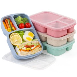 4 Pack Bento Lunch Box - BPA-Free Reusable Bento Box Kids Adult - 3-Compartment Meal Prep Container with Lids - Lunch Box for Kids, Toddler, Adults - Suitable for School, Company, and Travel