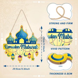 LHIEUM 11in Vintage Ramadan Mubarak Decoration Eid Mubarak Lights Hanging Sign Moon Stars Islamic Ramadan Wreath Front Door Ramadan Castle Crafts Muslim Symbol Wood Decor for Living Room Prayer Room