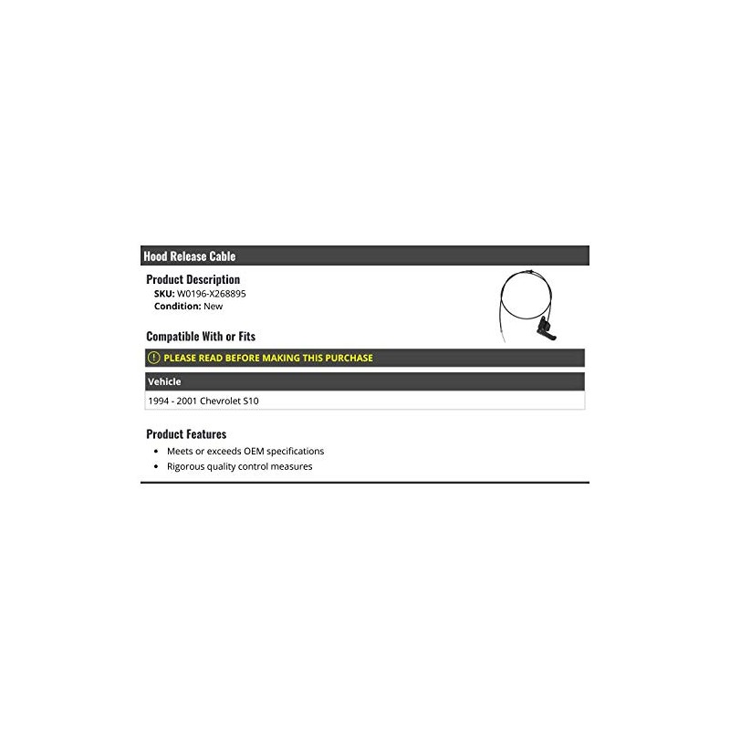 Marketplace Auto Parts Hood Release Cable - Compatible with 1994-2001