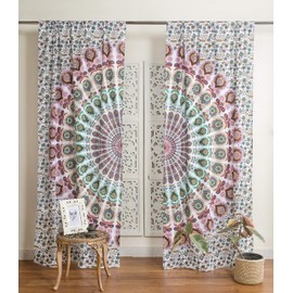 Popular Handicrafts Indian Hippie Bohemian Beautiful Peacock Mandala Curtain Panels White Multicolor