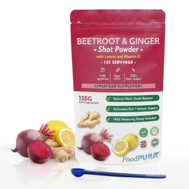 FoodPURA Beetroot Ginger & Lemon + Vitamin D Shot Powder 135 Servings Nitric Oxide Booster Enhances Athletic Performance & Endurance 135g 100% Natural - Antioxidant Anti Inflammatory Immune Support