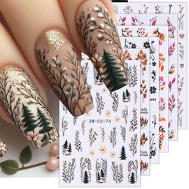 6 Sheets Fall Nail Stickers for Nail Art Black Flower Pine Nail Art Stickers 3D Self-Adhesive Heart Flowers Leaf Nail Decals Autumn Fruits Nails Designs Thanksgiving Nail Supplies for Women