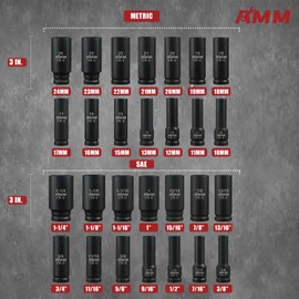 AMM 1/2" Drive Deep Impact Socket Set, 35-Piece Socket set SAE 3/8 to 1-1/4 inch and Metric 10-24mm Size, Includes Extension Bars, Universal Joint and Adapter, 6 Point Design,Cr-V steel