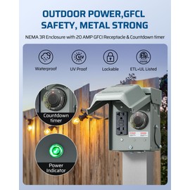 DEWENWILS Outdoor Outlet Box with 20 AMP WRTR GFCI Receptacles, Countdown Function & 4/8 Hrs Cycle, 125V/2500W, 1/2hp Rainproof 3R Enclosure, Outdoor Electrical Outlet Box for Decor, Yard