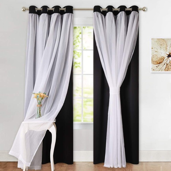 PONY DANCE Black Curtains for Bedroom - Decorative Window Curtains Double Layered Blackout Drapery White Crushed Sheers Panels Set for Living Room, 52 W x 84 L, Set of 2
