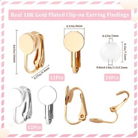 Beebeecraft 1 Box 24Pcs Silver Earring Converter Gold Earring Clip Back 18K Gold & 925 Sterling Silver Plated Round Flat Back Tray with Ear Pads Non Pierced Earring Findings for Jewelry Making Craft