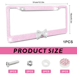 2PCS Bling Car License Plate Frame for Women,Stainless Steel Sparkly Car Plate Holder with Crystal Rhinestones, Glitter Diamond Vehicle Bow Plate Covers,Decorative Auto Accessories (PinkWhite)