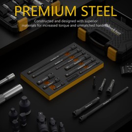 Renekton Extension Bar Set, 1/4", 3/8" and 1/2" Drive Socket Extension, Cr-V Steel, Black Phosphate Finish, with EVA Storage Tray, 9 Piece