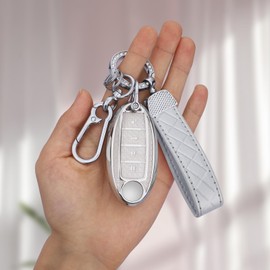 Seedwee for Nissan 4 Buttons Key fob Cover, Soft TPU Keys Protector Bling Key Fob Keychain for Murano Sentra Altima Rogue Kicks Armada Pathfinder Smart Key, Silver Clear