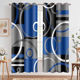 Blue and Black Blackout Curtains Geometric Line Plaid, 52x84 Inch