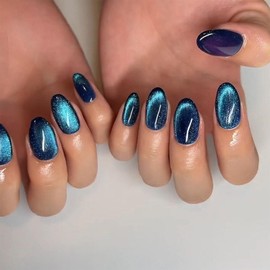 Xenophoer Short Press on Nails Oval Blue Cat Eye Fake Nails Acrylic Glue on Nails with Silver Glitter Designs Nails Press ons for Women Daily Wear 24 Pcs