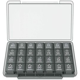 WELLGRO Pill Box for 7 Days, Pill Box, 4 Compartments per Day, Hinged Lid with Press Closure, Storage Box, BPA-Free Plastic, Colour: Black