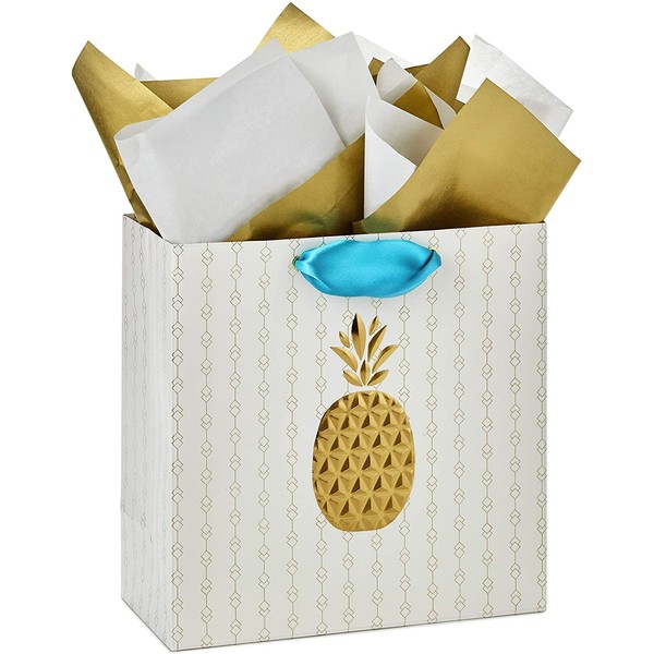 Hallmark Signature 10" Large Gift Bag with Tissue Paper (Gold Embossed Pineapple) for Baby Showers, Bridal Showers, Housewarmings, New Jobs and More