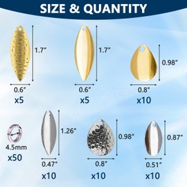 Fishing Spinner Blades Split Rings Kit, 100 Pieces Colorado Willow Blades Bait Rings Set Gold Silver Spoon Easy Spin Spinner Bait Making Freshwater Saltwater Walleye Rig Inline DIY Accessories