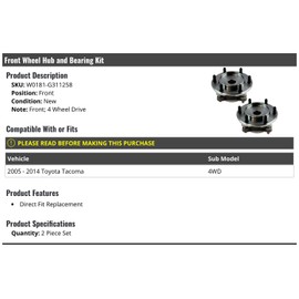 Front Wheel Hub and Bearing Kit 2 Piece Set - Compatible with 2005-2014 Toyota Tacoma 4WD