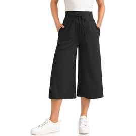 TARSE Wide Leg Capris High Waisted Cropped Palazzo Pants Culottes for Women with Pockets Summer Black