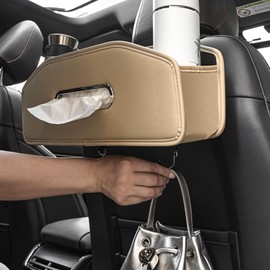 JEYODA Car Seat Back Organizer with 2 Drink Cup Holder,Car Tissue Holder and Storage Box Hook, 3 in 1 Multifunctional Storage for Food Drink Phone, Travel Accessories (Beige)