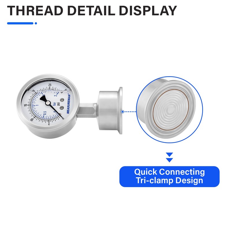 MEASUREMAN Stainless Steel Sanitary Pressure Gauge, 2.5” Dial, 0-30 PSI