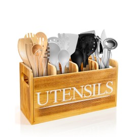 brekle Kitchen Utensil Holder for Kitchen Counter Large Wooden Organizer for Cooking Utensils Utensil Holder Counter Farmhouse Décor (Farmhouse Wooden)