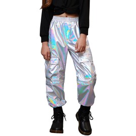 Perfashion Metallic Cargo Pants Size 14-16 for Girls Silver Hip Hop Dance Joggers Sweatpants for Teengirls Disco 80 S