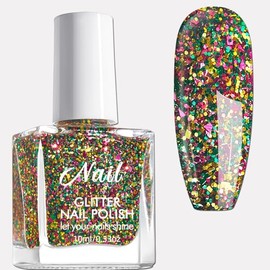 Confetti Glitter Nail Polish, Air Dry Rainbow Sparkle Nail Polish, Chunky & Fine Colorful Glitter Gel Polish, Vegan Chunky Sparkly Nail Polish for Women Girls, Non Toxic Shimmer Nail Polish, 10ML