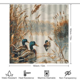 TOWINSFB 4Pcs Wild Lake Duck Shower Curtain Set with Toilet Lid Cover U-Shaped Mat and Non-Slip Rugs, Rustic Animal Plant Scenery Shower Curtain Bathroom Decor Set, 72" x 72"