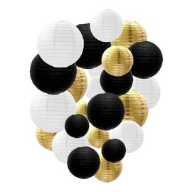 Black Gold White Paper Lanterns Decorative, Chinese/Japanese Hanging Round Paper Lanterns Decorations for Wedding, Graduation, Anniversary Birthday (12 PCS)