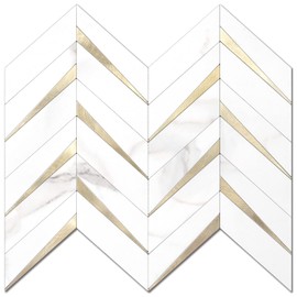 STICKGOO 10-Sheet Herringbone Tile Peel and Stick Backsplash, White Marble PVC Mixed Metal Gold Stick on Backsplash, Self Adhesive Wall Tile for Kitchen and Bathroom