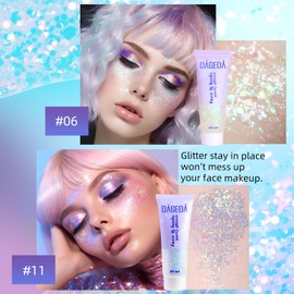 Prreal Body Glitter Gel, Face Glitters Body Gel Sequins Shimmer Liquid Eyeshadow, Chunky Glitter for Face Nails Hair, Holographic Mermaid Sequins for Festival Makeup 100 ml (White + Galaxy Blue)