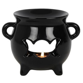 Ebros Gift Wicca Witchcraft Triple Moon Ceramic Black Cauldron Essential Oil Burner Warmer Tea Light Candle Heat Source Holder and Shadow Silhouette Light Caster Home Aromatherapy Accessory