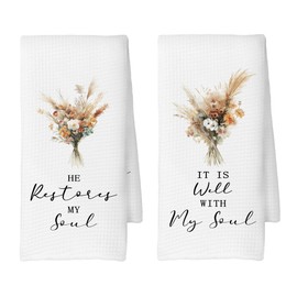 CUANFDDSF He Restores My Soul Christian Flowers Kitchen Towels Set of 2, Bible Verse Christian Gifts for Women, Christian Home Decor Religious Scripture Tea Towels Kitchen Hand Towels 16x24 Inch