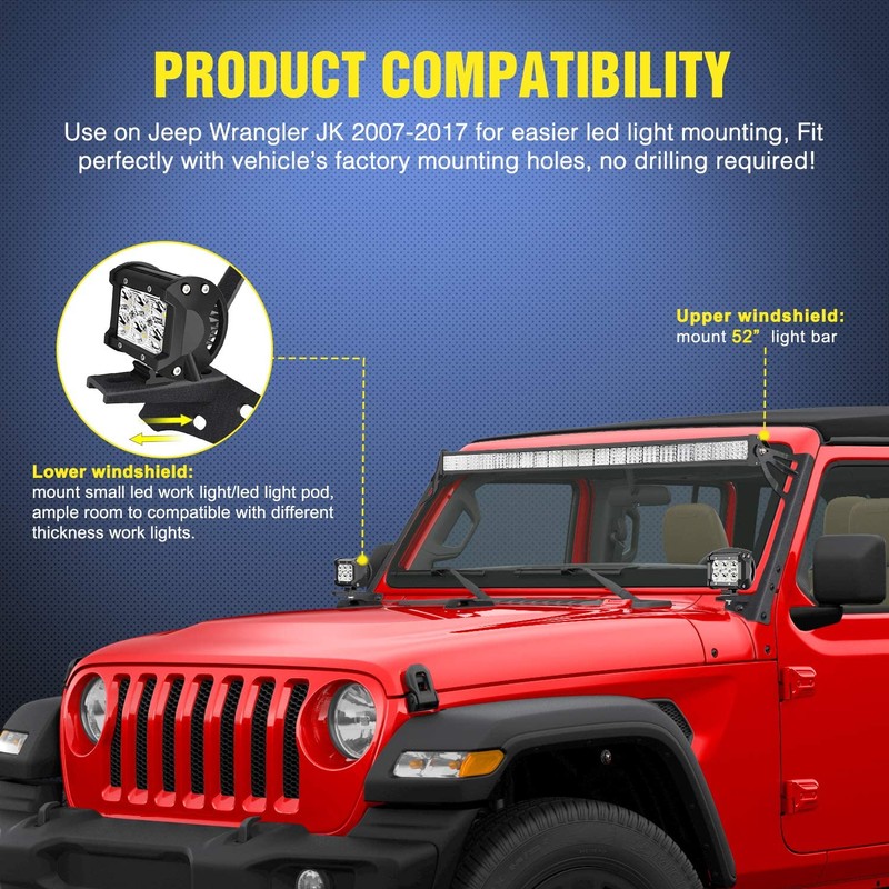 Nilight Windshield Frame Mounting Bracket for 52” LED Light Bar