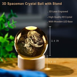 Space Astronaut 3D Crystal Ball with LED Light Stand, Universe Galaxy Glass Sphere Lamp, Decorative Glass Ball Paperweight Gift(60mm)